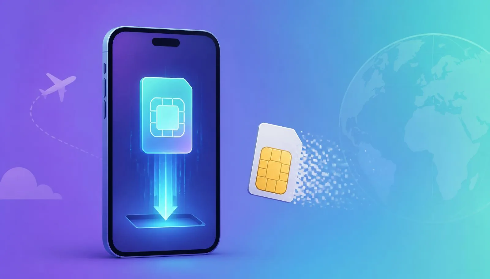 איור של eSIM דיגיטלי שיורד לטלפון לצד כרטיס סים פיזי שנעלם