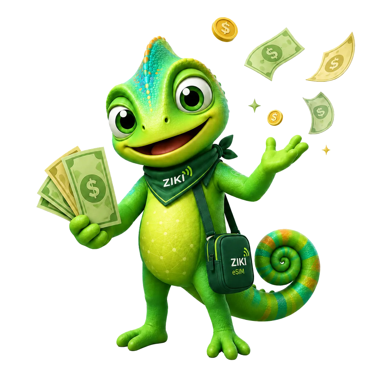 Ziki holding banknotes