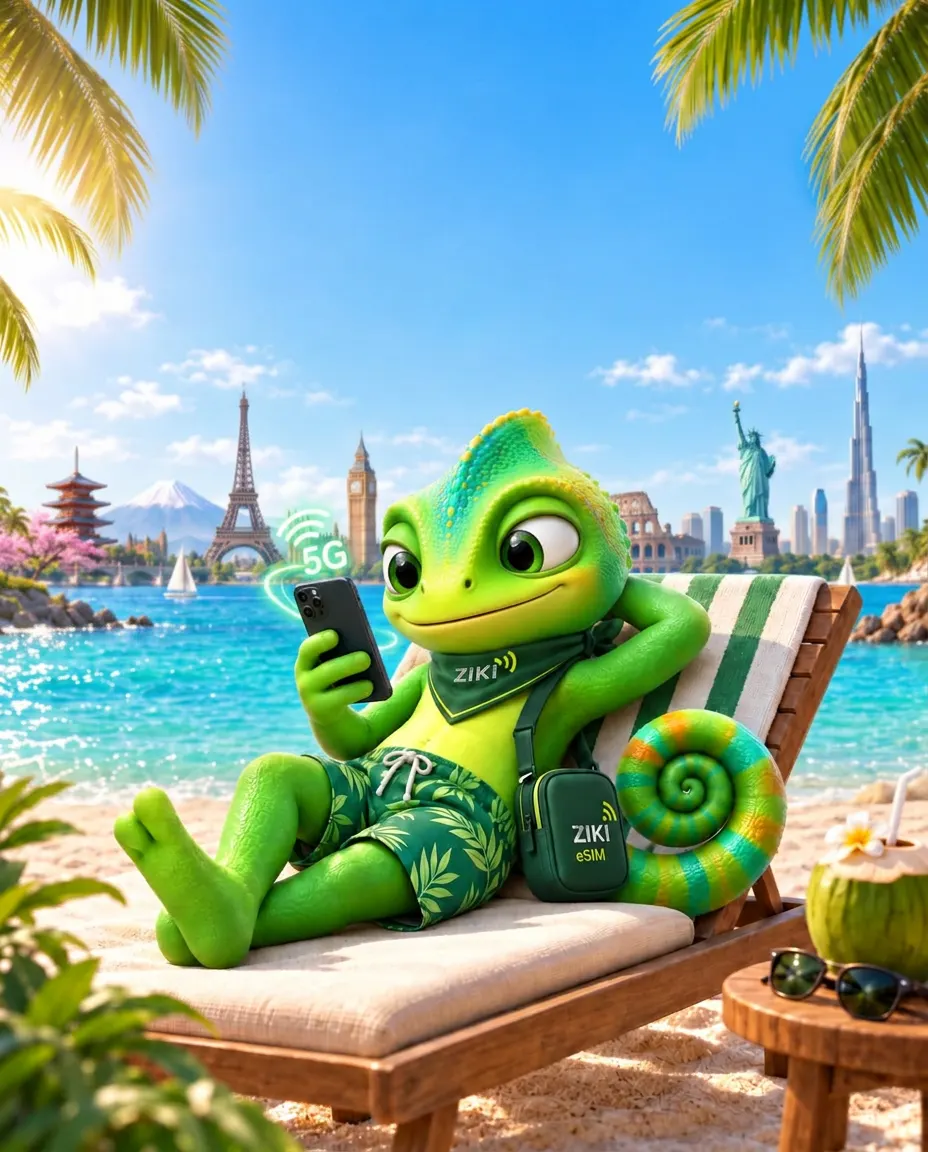 Ziko relaxing on a beach with a ZIKI eSIM bag and landmarks from around the world